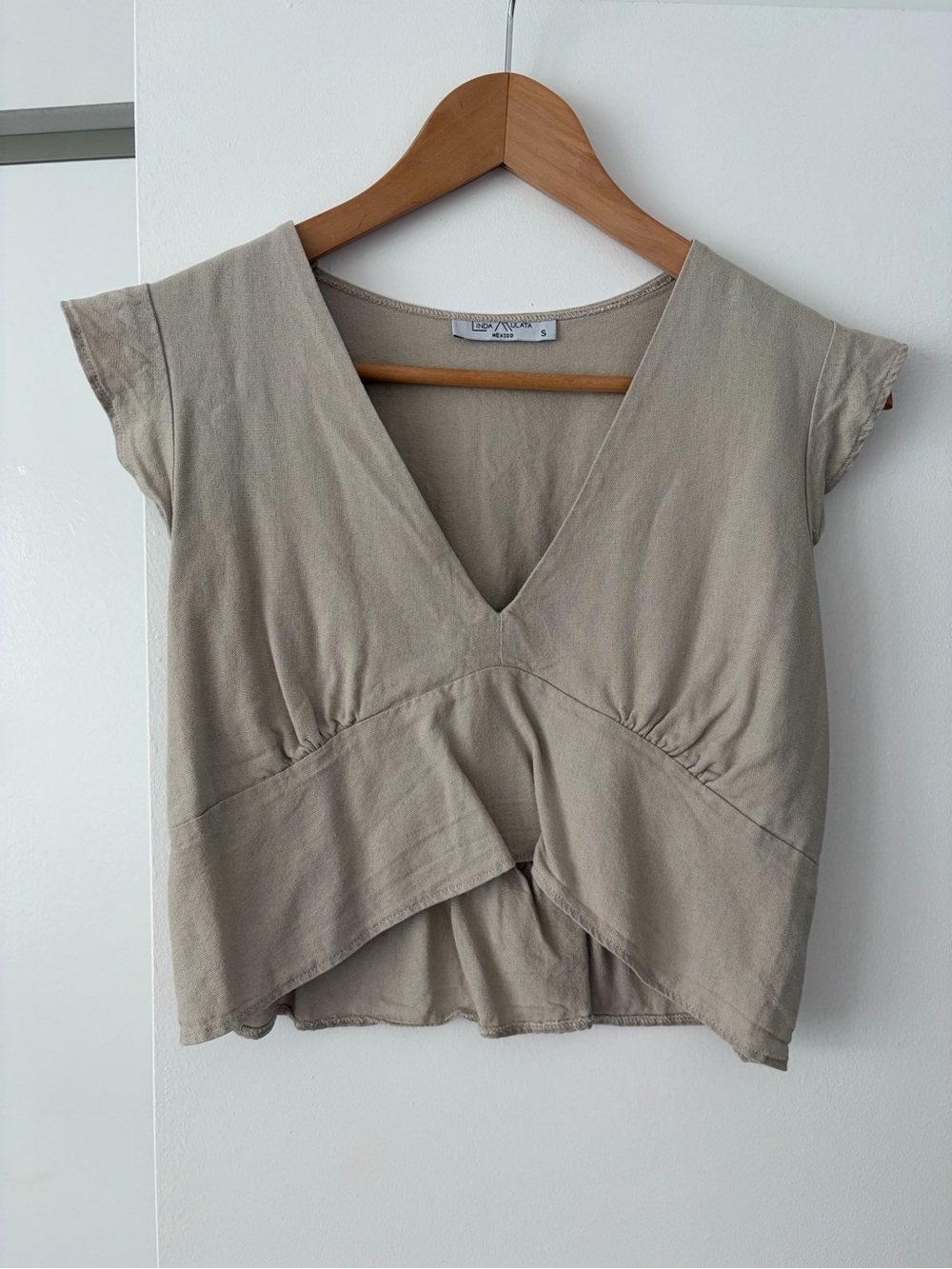 Beige Taupe V-Neck Cap Sleeve Top from Mexico City